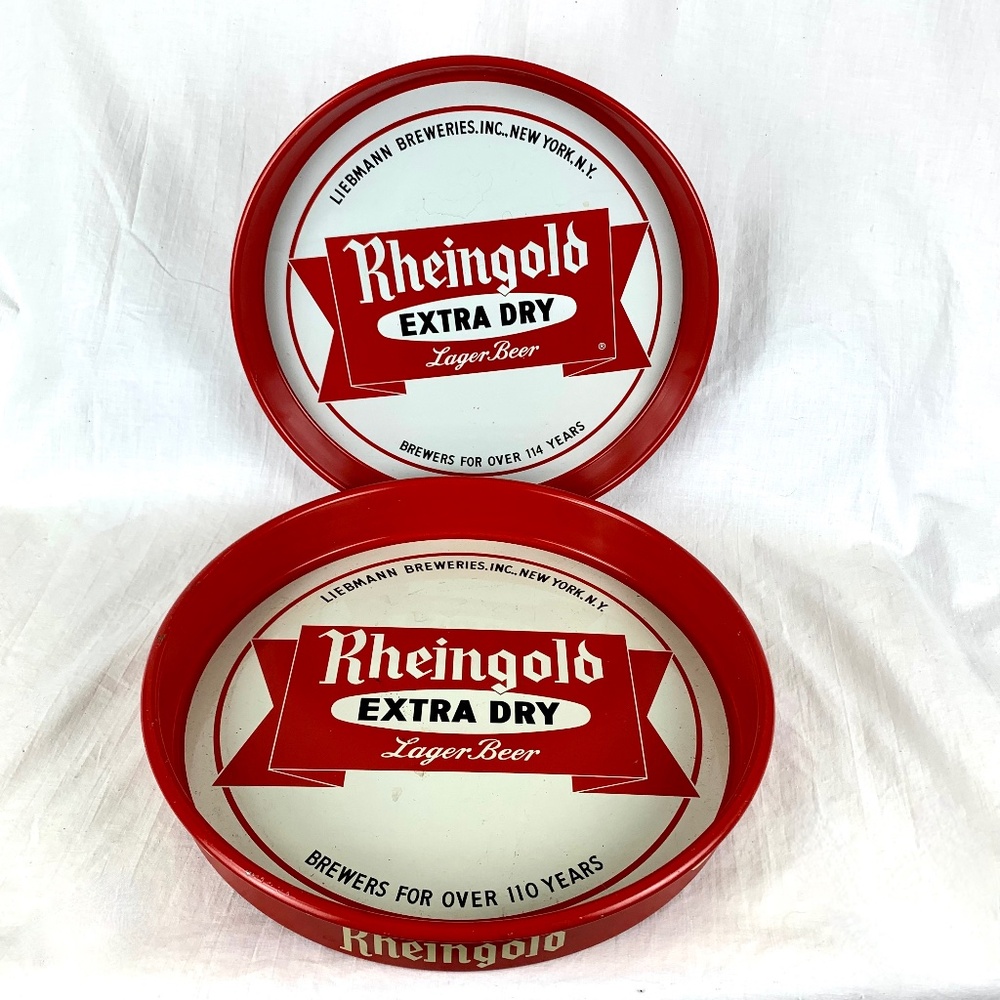 2 Vintage Rheingold Extra Dry Lager Beer Trays Tin 13in and 11in Canco Excellent